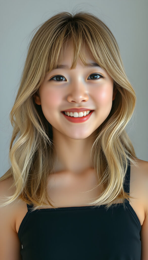 A Korean teen girl with long, soft gold blond hair styled in loose waves, her bangs gently framing her round face. She has round, deep black eyes and a warm, inviting smile showing her white teeth. Her full lips are slightly glossed, giving her a youthful and approachable appearance. She is dressed in a stylish black cropped tank top that accentuates her slender figure, standing against a soft, light grey backdrop. The image is vibrant and colorful, with warm lighting that highlights her joyful expression and enhances the textures of her hair and clothing, creating a cheerful and uplifting atmosphere.