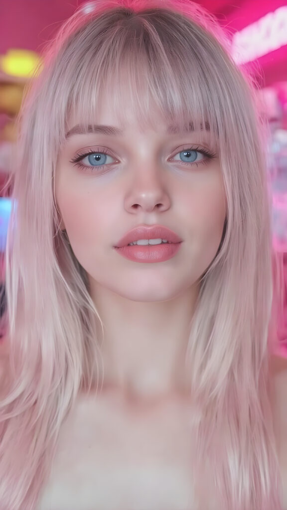 A (((beautiful young e-girl))), with ((extremely long, straight, thick, untucked soft pink hair)), and ((big, expressive, bright, natural pink eyes)), that convey a sense of youthful allure. Her ((skin is flawless)), with ((perfect pink lips)) that add to her enchanting smile. She's ((busty)), with ((big, round, full, slightly parted lips)), that are just barely parted in a playful smile. Her ((almond skin)) adds to her ((natural beauty)), with ((long, sheer, thin, tight pink tank top)) that accentuates her ((female figure)), all against a backdrop of a (((bright neon pink))) cyberpunk scene
