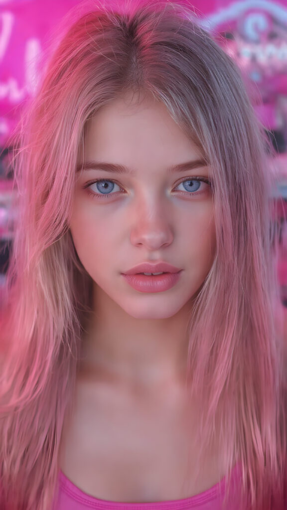 A (((beautiful young e-girl))), with ((extremely long, straight, thick, untucked soft pink hair)), and ((big, expressive, bright, natural pink eyes)), that convey a sense of youthful allure. Her ((skin is flawless)), with ((perfect pink lips)) that add to her enchanting smile. She's ((busty)), with ((big, round, full, slightly parted lips)), that are just barely parted in a playful smile. Her ((almond skin)) adds to her ((natural beauty)), with ((long, sheer, thin, tight pink tank top)) that accentuates her ((female figure)), all against a backdrop of a (((bright neon pink))) cyberpunk scene
