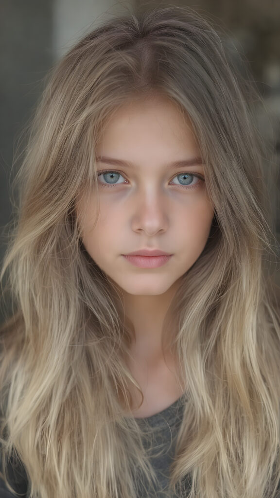 A (((beautiful young girl))) with (((extremely long, thick, cascading blonde hair))), which flows down to her waist and covers her front upper body, paired with (((brown, sand-colored eyes))), that convey a sense of tranquility. Her focus is on the camera, with a slightly turned head and a level of detail that suggests a (professional studio photo). The setting is a (side profile), with a hint of a gentle smile, full body view
