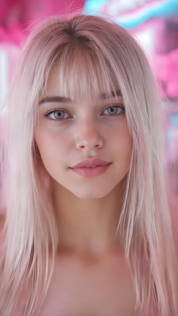 A (((beautiful young e-girl))), with ((extremely long, straight, thick, untucked soft pink hair)), and ((big, expressive, bright, natural pink eyes)), that convey a sense of youthful allure. Her ((skin is flawless)), with ((perfect pink lips)) that add to her enchanting smile. She's ((busty)), with ((big, round, full, slightly parted lips)), that are just barely parted in a playful smile. Her ((almond skin)) adds to her ((natural beauty)), with ((long, sheer, thin, tight pink tank top)) that accentuates her ((female figure)), all against a backdrop of a (((bright neon pink))) cyberpunk scene