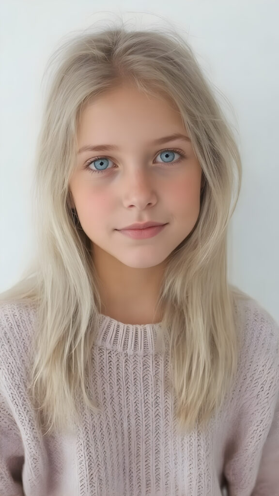 A (((beautiful, cute, and slender young girl))), age 18, with (light tan skin) and (very long, straight, thick, white golden blonde hair) (blowing in the breeze) that gives off a youthful glow, paired with (adorable puffy light blue eyes) that emit a sense of realism, all framed by a cozy (pastel color sweater) and (matching pastel blue jeans) cut in a (soft, pastel aesthetic) style that complements her (cheerful, happy expression) full body view