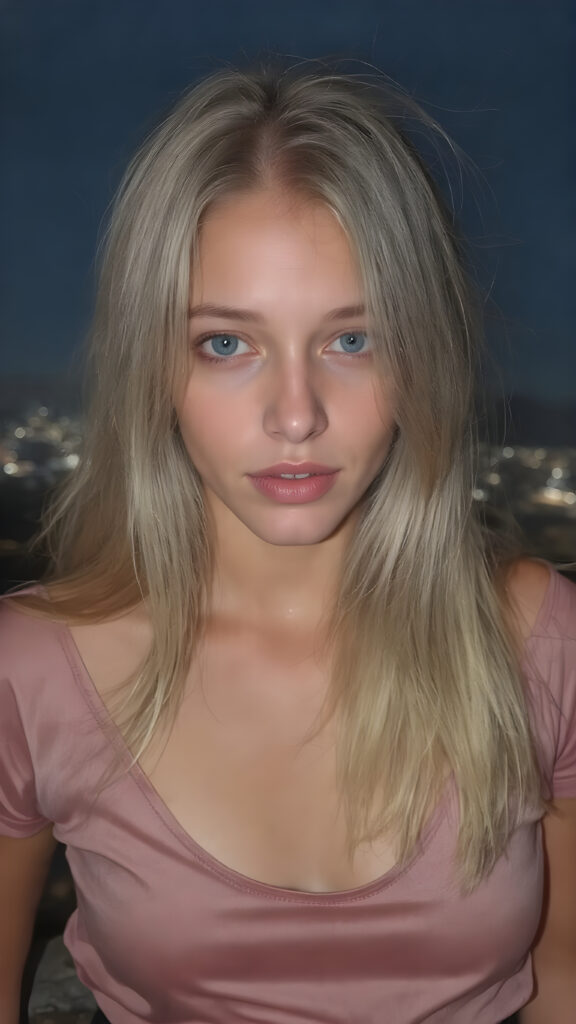 A (((beautiful girl))), age 18, with flowing (((white blonde hair))), straight and smooth hair that extends down to her shoulders, capturing light and emphasizing her face's delicate features. Her skin is a (pale) light blue, with slightly soft (smooth) lines that reflect the sun's rays, enhancing her face's natural beauty. Her lips are a (soft) light blue, with (straight) lines that match the texture of her skin. She wears a (low-cut) silk t-shirt and a (tightly tied) black skirt, both of which highlight her flawless figure and natural beauty. The scene is set at night on a (mountain top) overlooking the city below, under a (starry sky) backdrop, perfect for a romantic evening