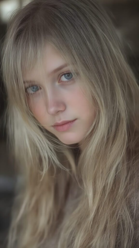 A (((beautiful young girl))) with (((extremely long, thick, cascading blonde hair))), which flows down to her waist and covers her front upper body, paired with (((brown, sand-colored eyes))), that convey a sense of tranquility. Her focus is on the camera, with a slightly turned head and a level of detail that suggests a (professional studio photo). The setting is a (side profile), with a hint of a gentle smile, full body view