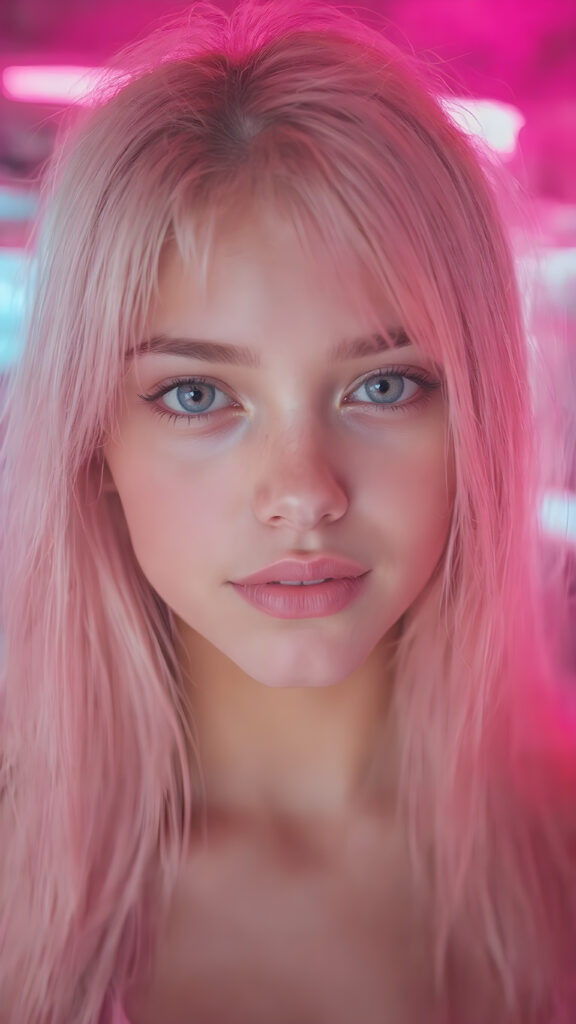 A (((beautiful young e-girl))), with ((extremely long, straight, thick, untucked soft pink hair)), and ((big, expressive, bright, natural pink eyes)), that convey a sense of youthful allure. Her ((skin is flawless)), with ((perfect pink lips)) that add to her enchanting smile. She's ((busty)), with ((big, round, full, slightly parted lips)), that are just barely parted in a playful smile. Her ((almond skin)) adds to her ((natural beauty)), with ((long, sheer, thin, tight pink tank top)) that accentuates her ((female figure)), all against a backdrop of a (((bright neon pink))) cyberpunk scene