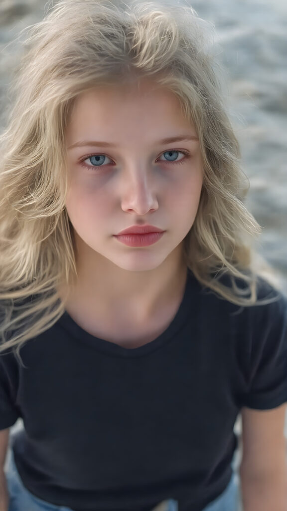 A (((beautiful young girl))), with (((flawlessly pale skin))), very long, wavy, softly curled hair that frames her face in a gentle curve, and full, plump red lips that add a hint of whimsy to her expression. Her eyes are (((light blue))), with a subtle hint of gray in their depths, reflecting an overall air of youthful innocence. She's dressed in a (((black T-shirt))), with the sleeves gently framed by a soft, contrasting glow, and denim shorts with a thin belt at the waist, which accentuates her slender frame. The outfit comes together to create a (((cool, toned look))), perfectly capturing the essence of a (((summer day at the beach))) for a young girl on the cusp of her teenage years, full body view, with the sun's rays striking her face, giving her an ethereal glow, misty atmosphere, 8K, UHD, perfect quality, perfect anatomy, highly detailed skin textures, realistic skin imperfections