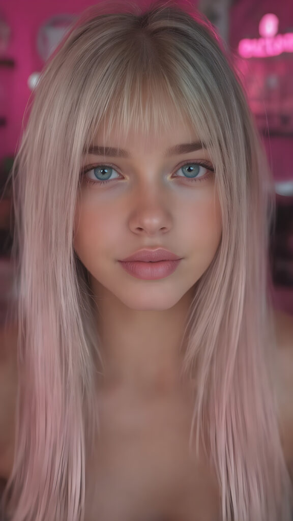 A (((beautiful young e-girl))), with ((extremely long, straight, thick, untucked soft pink hair)), and ((big, expressive, bright, natural green eyes)), that convey a sense of youthful allure. Her ((skin is flawless)), with ((perfect lips)) that add to her enchanting smile. She's ((busty)), with ((big, round, full, slightly parted lips)), that are just barely parted in a playful smile. Her ((almond skin)) adds to her ((natural beauty)), with ((long, sheer, thin, tight tank top)) that accentuates her ((female figure)), all against a backdrop of a (((bright neon pink))) cyberpunk scene