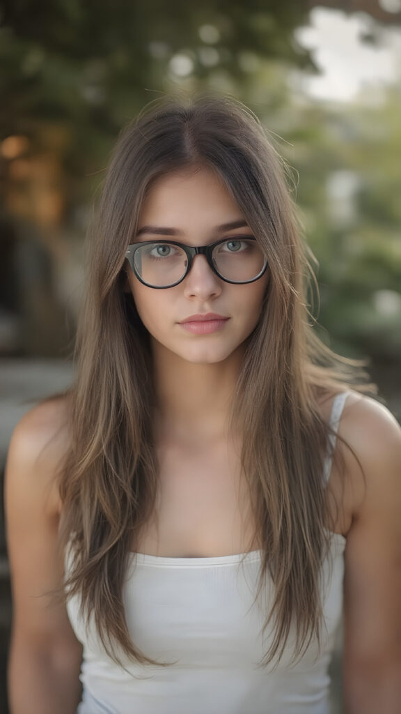 A (((beautiful cute nerd girl, black glasses))) (((full body view))) with long, brown shoulder-length jet soft flowing hair, ((dark brown eyes)) that convey a sense of warmth and playfulness, dressed in a (((tight, form-fitting tank top))), which emphasizes her perfect body in a tasteful, ((sunny backdrop)) (((perfect hands))) that convey a sense of warmth and elegance