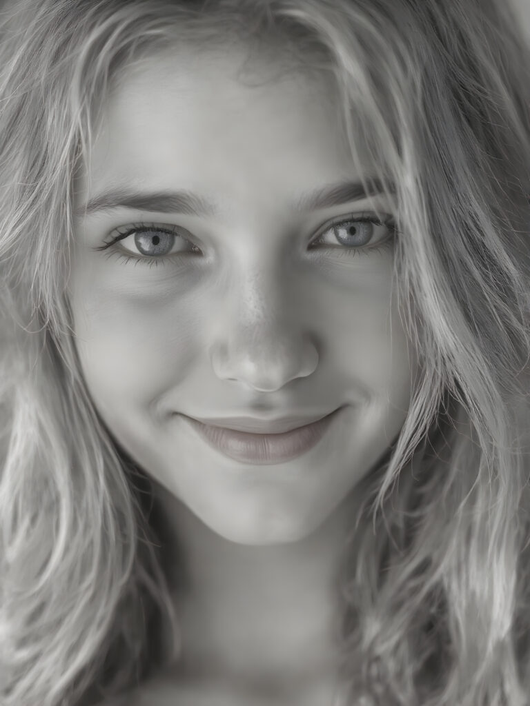 A ((black and white face portrait with a delicate yet defined jawline, reminiscent of an 8K Ultra HD photograph captured with a high-resolution camera)), showcasing a (flawlessly pale complexion) and (hyper-realistic, detailed eyes that convey a sense of innocence and wonder). The face exudes a (soft, natural glow) that gives off a (subtle, ethereal beauty). The (((hair, gently tousled by the breeze))) cascades down her back in (soft, gentle curls) that mimic the (detailed textures of the surroundings) ((full view)) with a ((perfect, balanced smile)) that captures her natural beauty