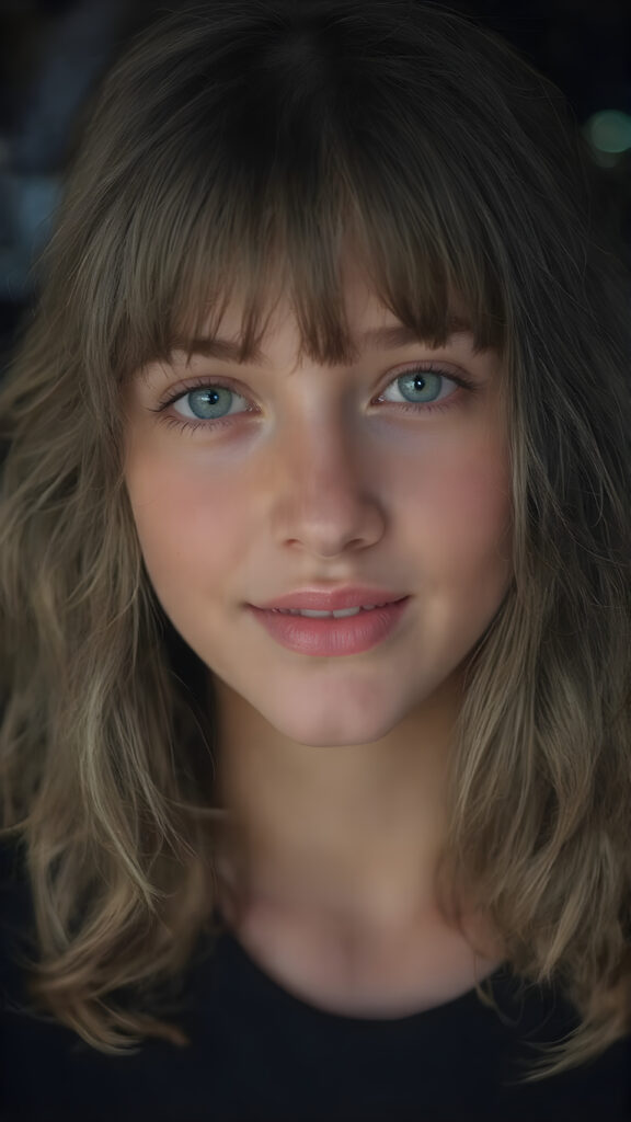 A (((breathtakingly gorgeous))) and (((teen girl))) with a ((detailed face)), showcasing exquisite (((green eyes))) and perfectly ((straight white teeth)), dressed in a (((black pleated wavy bob with bangs))), featuring soft and gentle smiles. Her lips are full and painted in a (((light pink hue))), giving off an ethereal glow. She's posed in a (((natural backdrop))), surrounded by an enchanting and serene atmosphere ((night view)) that brings out her natural beauty and emphasizes her radiant skin and vivid blue eyes, creating a (((truly incredible portrait))) that captures every detail of her face and body, including highly detailed and high-quality color grading that elevates this image to the highest level of digital art and makes it truly breathtaking and award-winning