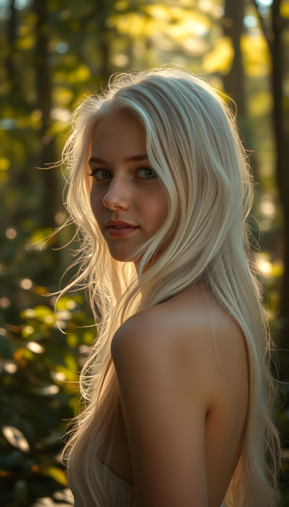 A breathtaking portrait of a young female model in an enchanting forest setting, with her elegant side profile sharply in focus. The scene is bathed in soft, golden sunlight filtering through the canopy, creating a magical bokeh effect. Her long, wavy white hair cascades over her shoulders, framing her face beautifully. She has radiant, luminous green eyes and a warm, gentle smile that exudes innocence and grace. The backdrop features lush, vibrant foliage with subtle hints of sunlight dappling the ground, adding depth and texture to the image. The overall composition is a harmonious blend of natural beauty and artistic refinement, evoking a sense of tranquility and elegance.