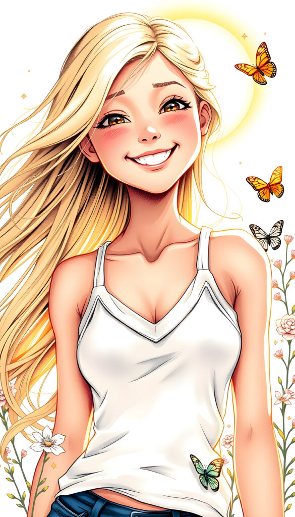 A breathtaking masterpiece in vivid colors, featuring a young, joyful girl with long, flowing blonde hair. She smiles radiantly, her perfect, curved figure highlighted by a tank top with a deep V-neck, set against a sunny, dreamy backdrop. The scene is enhanced with warm, golden lighting, and whimsical details like delicate flowers and butterflies fluttering around her, creating a magical and uplifting atmosphere.