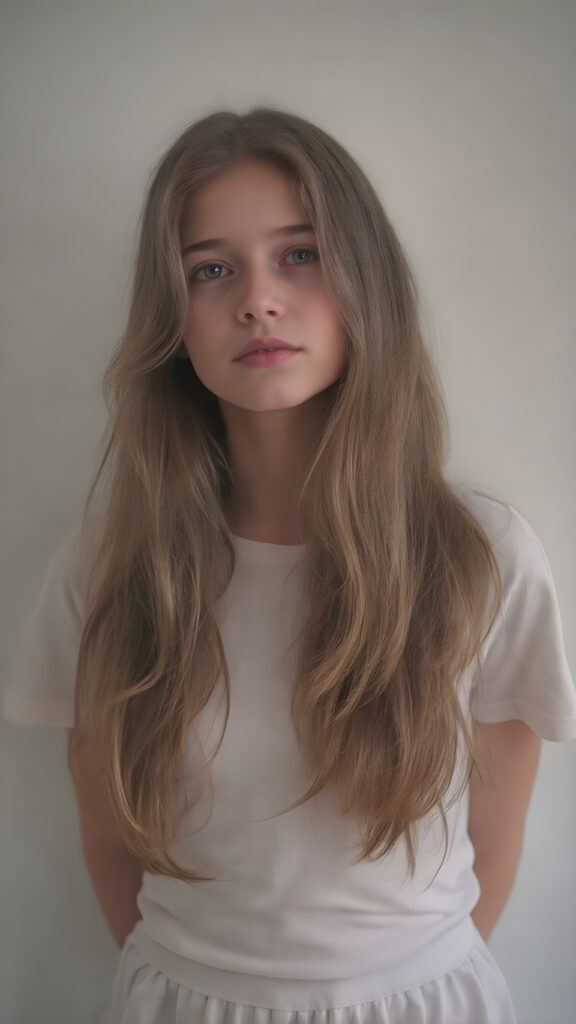 A breathtakingly beautiful (((full body vertical length view from the front))), showcasing a Silhouette of a girl with long, wavy side parted hair that cascades down to her waist, framed by a soft, ethereal glow that adds a touch of mystery to the scene. Her face is tilted back slightly, as if caught in a moment of calm contemplation, looking into the camera for the full effect. The girl is dressed in a (white t-shirt), with a fitted waist and a skirt that adds a touch of elegance to her ensemble. The backdrop is simple yet elegant, as if emphasizing the natural beauty of the girl and her surroundings.