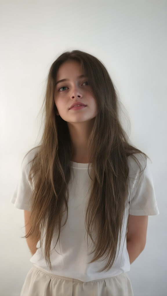 A breathtakingly beautiful (((full body vertical length view from the front))), showcasing a silhouette of a girl with long, straight side parted hair that cascades down to her waist, framed by a soft, ethereal glow that adds a touch of mystery to the scene. Her face is tilted back slightly, as if caught in a moment of calm contemplation, looking into the camera for the full effect. The girl is dressed in a (white t-shirt), with a fitted waist and a skirt that adds a touch of elegance to her ensemble. The backdrop is simple yet elegant, as if emphasizing the natural beauty of the girl and her surroundings.