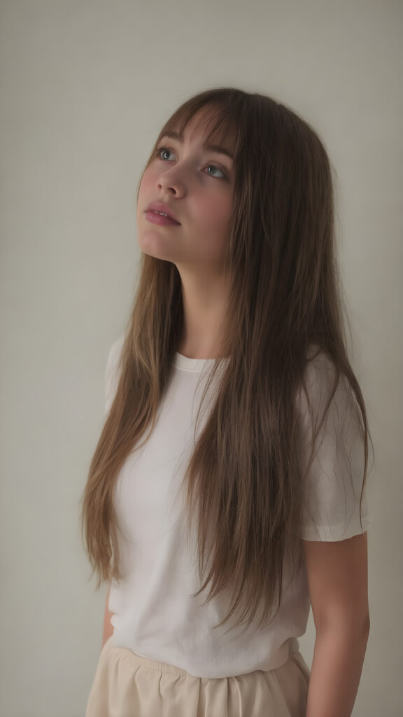 A breathtakingly beautiful (((full body vertical length view from the front))), showcasing a silhouette of a girl with long, straight side parted hair that cascades down to her waist, framed by a soft, ethereal glow that adds a touch of mystery to the scene. Her face is tilted back slightly, as if caught in a moment of calm contemplation, looking into the camera for the full effect. The girl is dressed in a (white t-shirt), with a fitted waist and a skirt that adds a touch of elegance to her ensemble. The backdrop is simple yet elegant, as if emphasizing the natural beauty of the girl and her surroundings.
