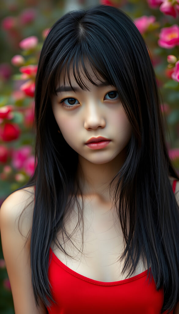 A captivating portrait of a youthful well busty teenage girl with smooth black long straight hair styled in delicate side-swept bangs, highlighting her expressive, piercing eyes. She wears a red sleek, cropped tank top that complements her delicate features. The scene is set against a vibrant spring backdrop, creating a serene and empathetic atmosphere. The focus is on her face, with soft, diffused lighting that accentuates her emotions and the intricate details of her appearance.