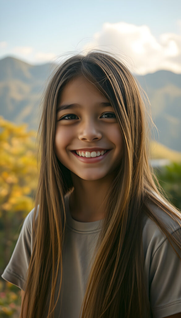 A cheerful girl with long, flowing straight brown hair. She wears a T-Shirt. The background showcases a lush, green Andean landscape with mountains in the distance. The lighting is warm and golden, casting a joyful, inviting atmosphere. The style is whimsical and colorful, with a touch of fantasy and cultural richness.