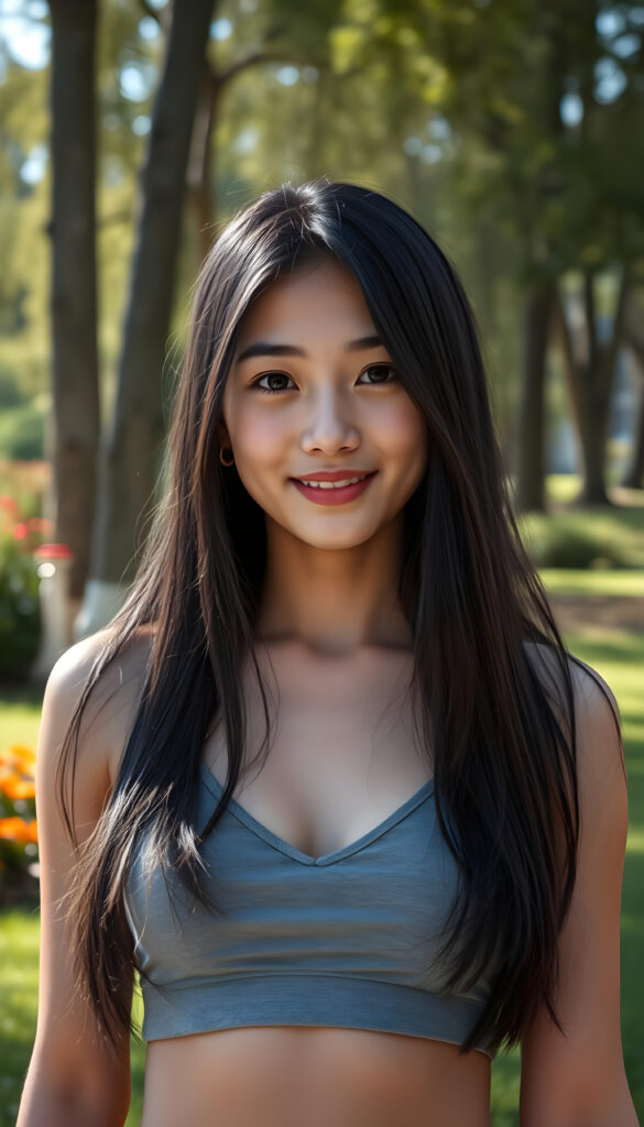 A close up photo show a young Asian girl with long, flowing black straight hair same length left and right and round, expressive eyes stands confidently in a vibrant, sunlit park. She wears a short, cropped grey tank top that accentuates her perfect curves, deep v-neck. Her full, kissable lips are slightly parted, revealing a warm smile. The background features lush green grass, colorful flowers, and tall trees with sunlight filtering through the leaves, casting a soft glow on her flawless skin. The scene is bright and cheerful, with a sense of playful energy and youthful charm.