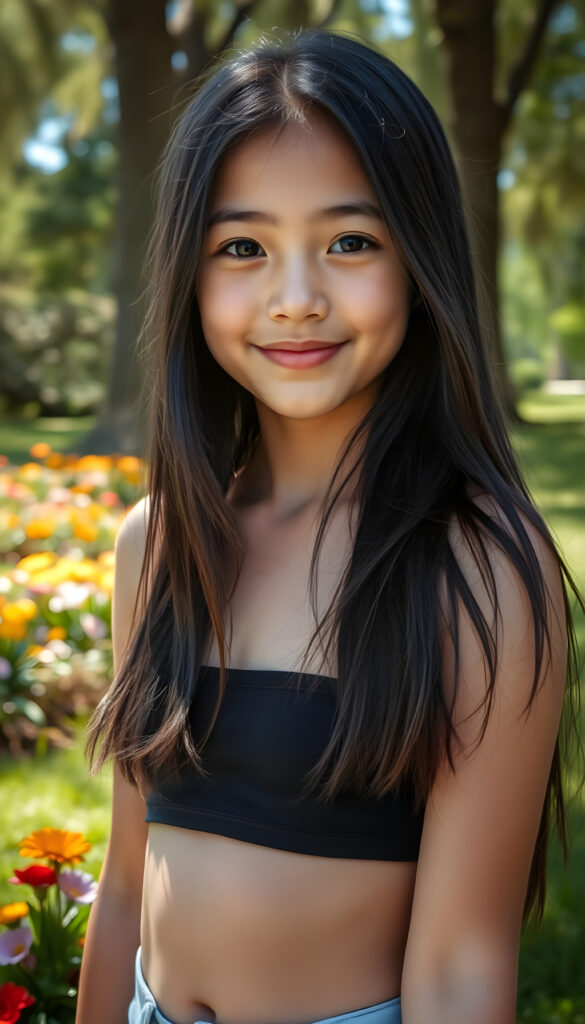 A close up photo show a young girl with long, flowing black hair and round, expressive eyes stands confidently in a vibrant, sunlit park. She wears a short, cropped black tank top that accentuates her perfect curves. Her full, kissable lips are slightly parted, revealing a warm smile. The background features lush green grass, colorful flowers, and tall trees with sunlight filtering through the leaves, casting a soft glow on her flawless skin. The scene is bright and cheerful, with a sense of playful energy and youthful charm