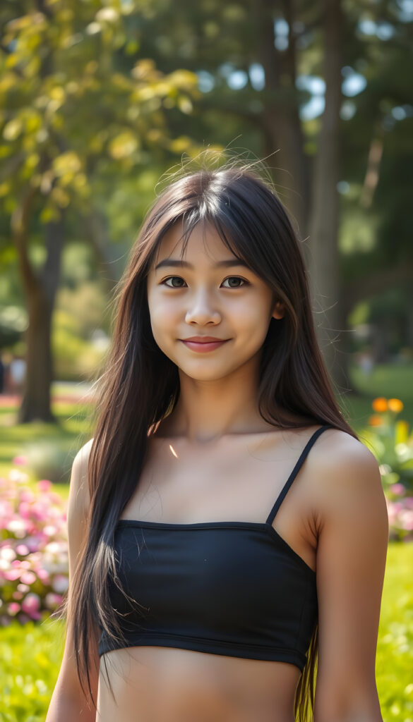 A close up photo show a young girl with long, flowing black hair and round, expressive eyes stands confidently in a vibrant, sunlit park. She wears a short, cropped black tank top that accentuates her perfect curves. Her full, kissable lips are slightly parted, revealing a warm smile. The background features lush green grass, colorful flowers, and tall trees with sunlight filtering through the leaves, casting a soft glow on her flawless skin. The scene is bright and cheerful, with a sense of playful energy and youthful charm