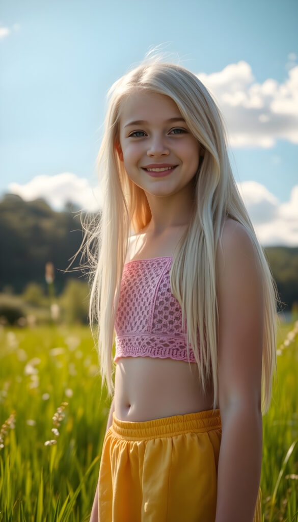 A cute teen girl with pale skin and long, flowing white hair, wearing a pink crocheted top and a yellow mini skirt, you can see her belly button, stands in a sunny meadow with lush green grass. The scene is bathed in warm, golden sunlight, casting a soft, dreamy glow over everything. She smiles warmly. The background features a clear blue sky with fluffy white clouds and a distant forest, creating a serene and enchanting atmosphere.