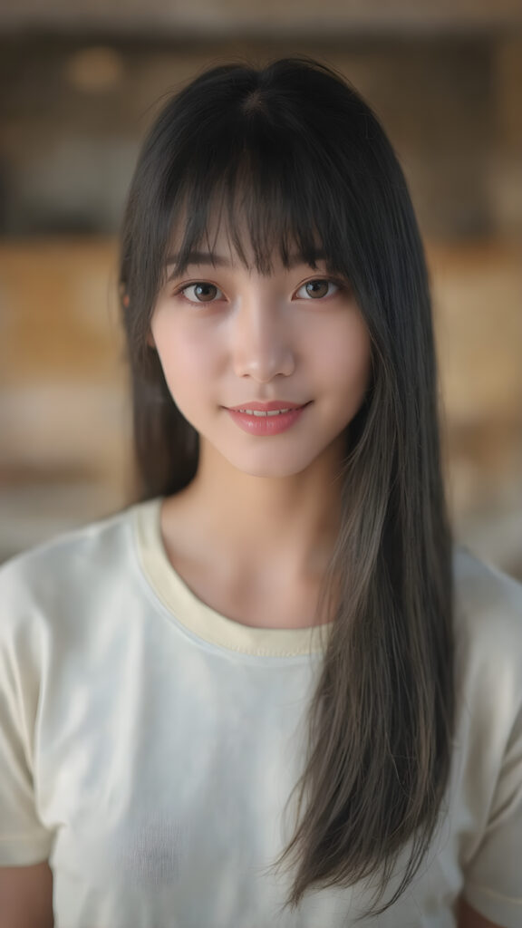 A (((detailed, centered full-body portrait))) featuring a Korean girl with (((long, slightly straight black hair))), and (((light brown and pale yellow irises))) that convey a gentle expression. Her lips are full with (((bright red color)), and a (thin, pointed nose) adds to her elegant features. The girl is looking directly at the camera, with a soft focus on her face and the camera's light capturing her whole form. She is dressed in a (((super straight medium length t-shirt soft blue and pale yellow tones))) with no wrinkles or design elements. The camera's light has illuminated her face and shoulders, giving her a soft glow that complements her overall look. She is smiling warmly. She has a soft, gentle expression that matches the camera's focus on her face. A (professional studio setting) with high resolution and UHD clarity, perfectly capturing the essence of a (professional photograph).