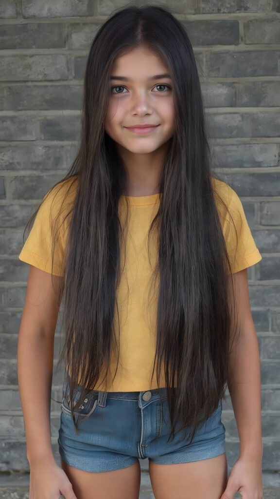 A ((extremely realistic)) (((photograph))), featuring a (((young girl with exceptionally long, straight black hair, her hair falls gently over her body))), poised confidently, clad in a (tight, glossy yellow t-shirt that accentuates her figure), perfectly complemented by (skintight, faded denim shorts), which give off an air of youthful vitality and happiness, she stands in front of a gray brick wall