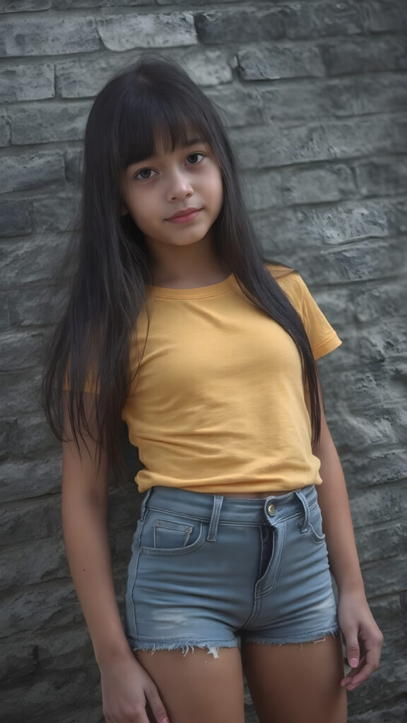 A ((extremely realistic)) (((photograph))), featuring a (((young girl with exceptionally long, straight black hair, her hair falls gently over her body))), poised confidently, clad in a (tight, glossy yellow t-shirt that accentuates her figure), perfectly complemented by (skintight, faded denim shorts), which give off an air of youthful vitality and happiness, she stands in front of a gray brick wall
