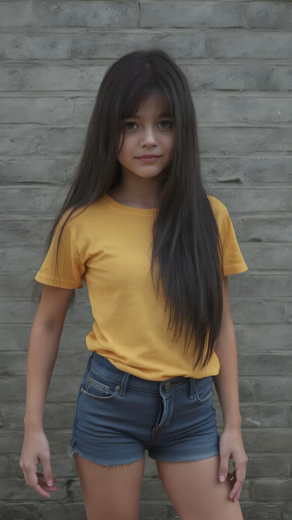 A ((extremely realistic)) (((photograph))), featuring a (((young girl with exceptionally long, straight black hair, her hair falls gently over her body))), poised confidently, clad in a (tight, glossy yellow t-shirt that accentuates her figure), perfectly complemented by (skintight, faded denim shorts), which give off an air of youthful vitality and happiness, she stands in front of a gray brick wall