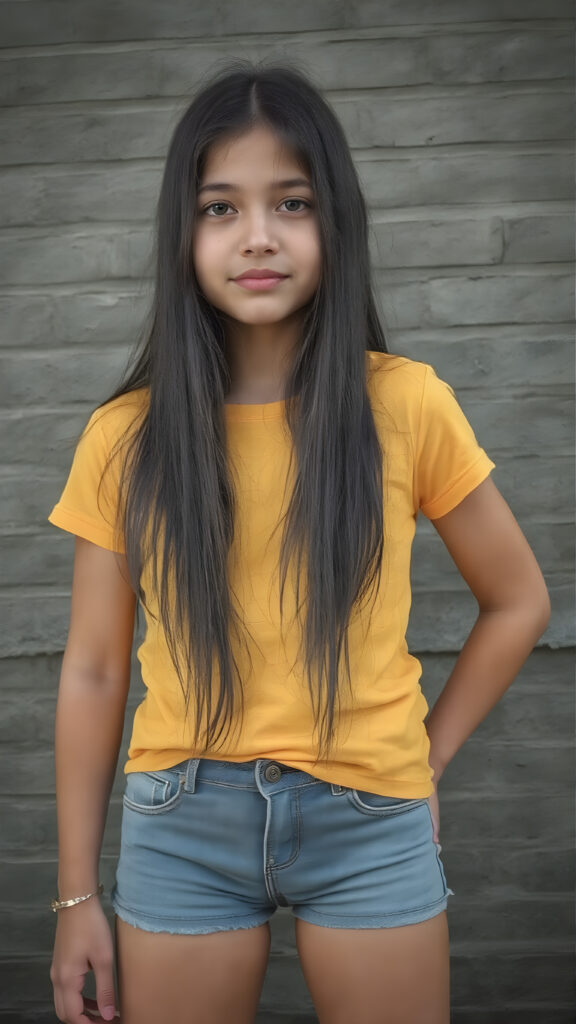 A ((extremely realistic)) (((photograph))), featuring a (((young girl with exceptionally long, straight black hair, her hair falls gently over her body))), poised confidently, clad in a (tight, glossy yellow t-shirt that accentuates her figure), perfectly complemented by (skintight, faded denim shorts), which give off an air of youthful vitality and happiness, she stands in front of a gray brick wall