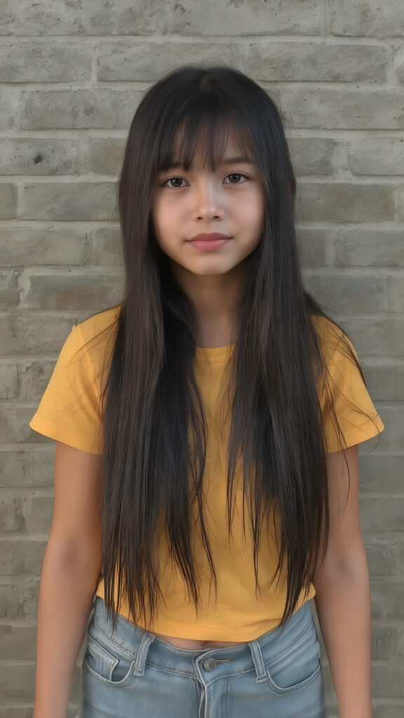A ((extremely realistic)) (((photograph))), featuring a (((young girl with exceptionally long, straight black hair, her hair falls gently over her body))), poised confidently, clad in a (tight, glossy yellow t-shirt that accentuates her figure), perfectly complemented by (skintight, faded denim shorts), which give off an air of youthful vitality and happiness, she stands in front of a gray brick wall