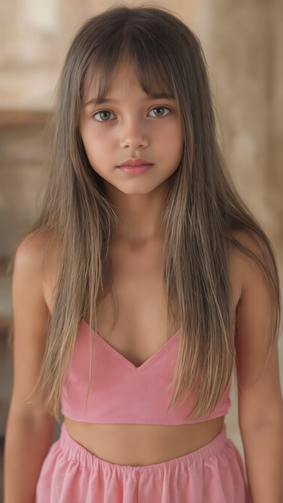 A (((full body shot))) of a (((super sweet and adorable girl))) with long, ((straight silk-smooth hair)) in a (deep v-neck) pink crop top, and (tapered, flowing silky pants) that convey a sense of (softness and elegance). Her complexion is (light brown), with (palely beautiful skin) that exudes a (healthy glow). Her expression is one of pure (cuteness) and she stands in a (softly backlit) position, facing the viewer with a (flawlessly smooth and detailed texture) that gives off a (fantastical, surrealistic atmosphere) reminiscent of a (fine art photograph)