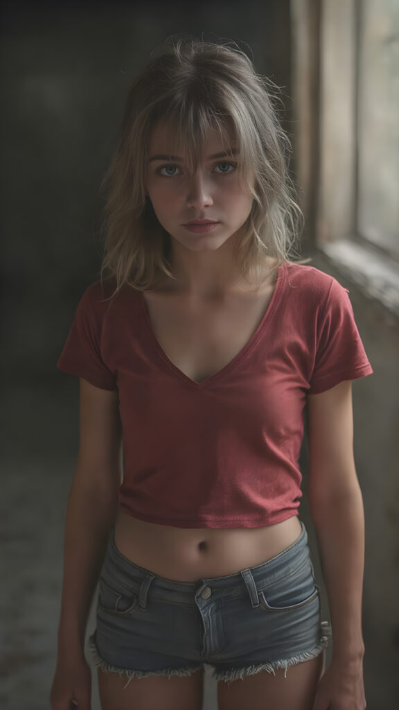 A (((full body view))) of a (((petite teen girl))), with a (((thin, yet shapely figure))), dressed in a ((short, tight, thin, V-neck cotton tee)) and ((tattered shorts)), standing in a (dimly lit space) where her seductive gaze meets the viewer's eye, exuding a sense of (extreme realism). Her focus on the viewer's face captures the essence of a perfect female body, with intricate details that make her look truly breathtaking