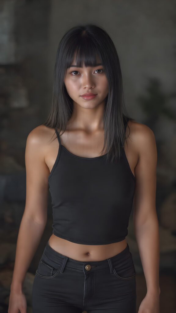A (((full body shot))) of a (((beautiful Asian Vietnamese teenage girl))), a (((straight black soft hair model with exquisite features))), with brown eyes and (((a perfectly round face))) that exudes realism at an 8K resolution. Her (((upper body))), defined by a sleek, luxurious (((black suede tank top))), is proportioned flawlessly against her (((skin tight jeans and short, black high heels))), accentuating her (((perfectly proportioned figure))) with a (realistically detailed, dimly lit backdrop) that showcases her (((full body))) in a (highly detailed, hyper realistic) light