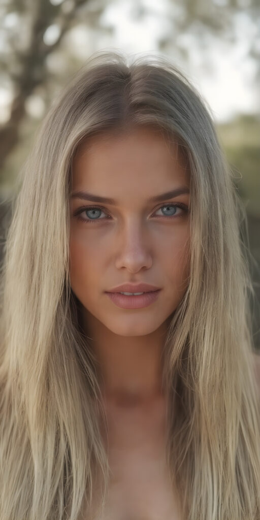 A (((full body image))) of a (((power girl))) with (((long, straight, thick, untucked natural white golden blonde hair))), framed by her (((natural skin))), which blends seamlessly into a (((softly detailed, intricate outdoor background))), capturing an (((8K resolution, ultra high definition image))), with a (((full color palette))), evoking a sense of (((hyperrealism))). The scene is highly detailed, with (((optical patterns and texture at the edge of her hair))) that mimic the look of natural light catching on her skin, giving off a glowing (((golden, warm glow))) that emphasizes her as an outdoor powerhouse