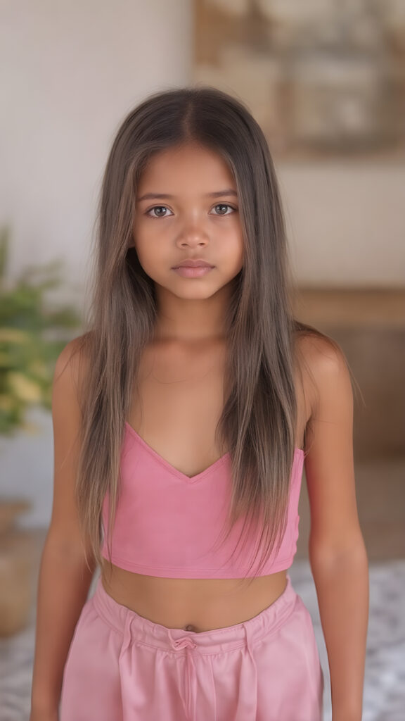 A (((full body shot))) of a (((super sweet and adorable girl))) with long, ((straight silk-smooth hair)) in a (deep v-neck) pink crop top, and (tapered, flowing silky pants) that convey a sense of (softness and elegance). Her complexion is (light brown), with (palely beautiful skin) that exudes a (healthy glow). Her expression is one of pure (cuteness) and she stands in a (softly backlit) position, facing the viewer with a (flawlessly smooth and detailed texture) that gives off a (fantastical, surrealistic atmosphere) reminiscent of a (fine art photograph)