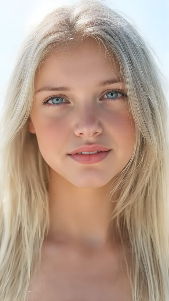 A (((full-body shot))) of a beautiful young adult girl, with (((extremely long, straight white hair (the hair extends far beyond her shoulders and flows down to her waist) and piercing blue eyes that reflect the sunlight around her face. She has (((perfectly sculpted white teeth, visible when she smiles. Her lips are full and painted in a (((bright red color) that accentuates her face. She wears a ((short tight white top)) and a ((white skirt that adds a touch of elegance and refinement. The girl poses (((against a backdrop of a (clear sunny sky))). The focus is on her face and shoulders, full body view. Perfect anatomy. Flawless skin. (((The girl has a flawless complexion and appears to be healthy and happy. Her hair is long, straight, smooth and shiny. The sun's rays shine on her face, illuminating any imperfections and highlights of her skin. The girl is fashionable dress, the outfit accentuates her youthful and innocent beauty.