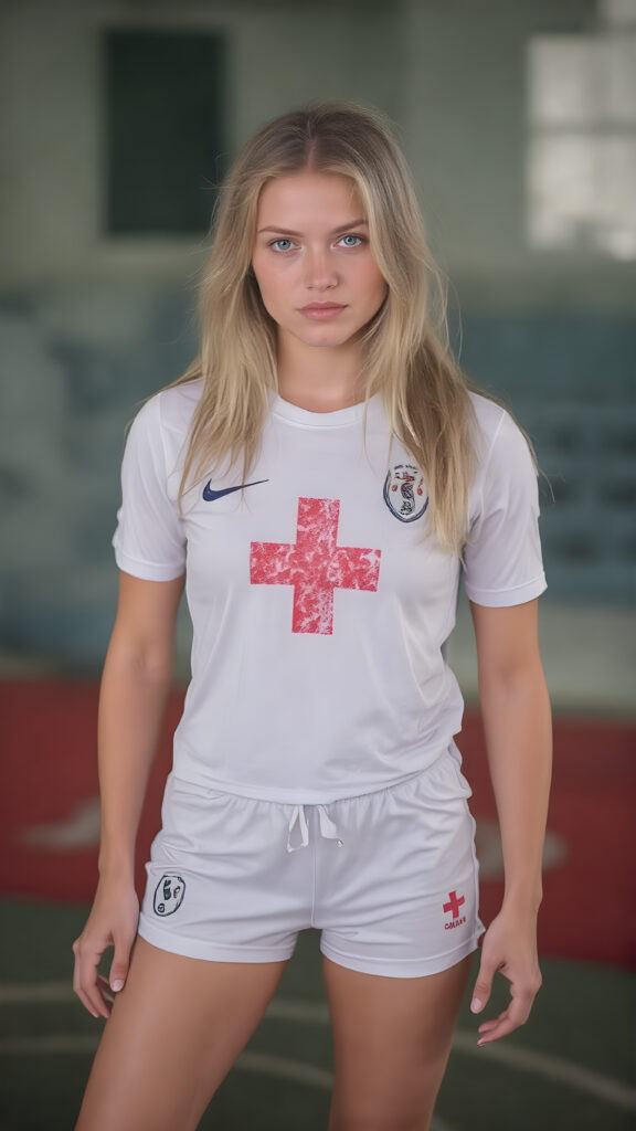 A (((full-body photograph))) featuring a (((young female soccer player))) with a ((skinny and athletic physique)), characterized by long, pointed blonde hair and (blue eyes) that convey a sense of intensity and focus on the ball, wearing a sleek, ((tight-fitting shorts)) in a classic (((red and white plus sign design))), paired with a matching ((white shirt)) with intricate ((soccer artwork)) in the center, and a distinctive (black and white stripe) down the front. The overall style is modern and stylish, reflecting the essence of an (soccer pro) with a playful yet focused expression