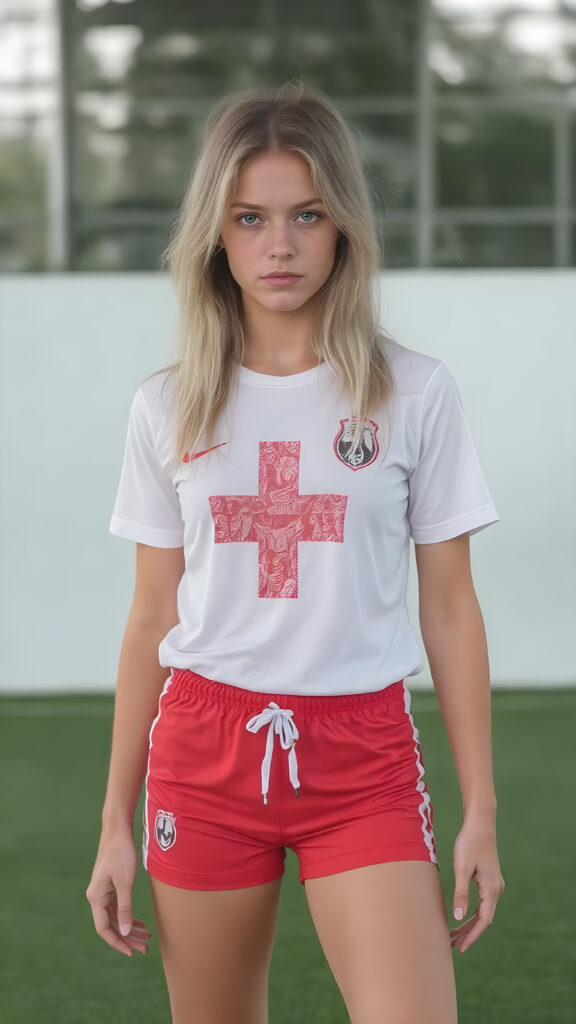 A (((full-body photograph))) featuring a (((young female soccer player))) with a ((skinny and athletic physique)), characterized by long, pointed blonde hair and (blue eyes) that convey a sense of intensity and focus on the ball, wearing a sleek, ((tight-fitting shorts)) in a classic (((red and white plus sign design))), paired with a matching ((white shirt)) with intricate ((soccer artwork)) in the center, and a distinctive (black and white stripe) down the front. The overall style is modern and stylish, reflecting the essence of an (soccer pro) with a playful yet focused expression