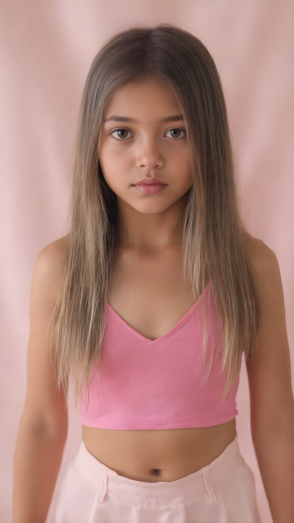 A (((full body shot))) of a (((super sweet and adorable girl))) with long, ((straight silk-smooth hair)) in a (deep v-neck) pink crop top, and (tapered, flowing silky pants) that convey a sense of (softness and elegance). Her complexion is (light brown), with (palely beautiful skin) that exudes a (healthy glow). Her expression is one of pure (cuteness) and she stands in a (softly backlit) position, facing the viewer with a (flawlessly smooth and detailed texture) that gives off a (fantastical, surrealistic atmosphere) reminiscent of a (fine art photograph)
