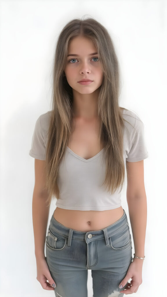 A (((full body view))) of a (((petite teen girl, stands in front of the viewer))), with a (((thin, yet shapely figure))), dressed in a ((short and cropped, tight, thin, V-neck cotton tee)) and ((tattered denim jeans pants)), her seductive gaze meets the viewer’s eye, exuding a sense of (extreme realism), long light brown straight hair falls over her entire body. Her focus on the viewer’s face captures the essence of a perfect female body, with intricate details that make her look truly breathtaking, against a (((pure white backdrop)))