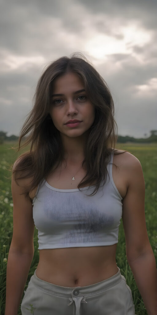 A (((full body shot))) of a (((beautiful sleek teenage girl))), with ((long, wavy dark brown hair)), and ((perfect-fit body)), dressed in a ((short cropped white tank top)), paired with a ((mini skirt)), posing confidently on a (green meadow), under a ((dark, overcast sky)) where the sun is peeking through the clouds, giving off a (dramatic, almost surreal atmosphere) that hints at an impending storm