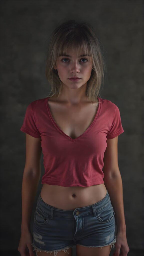 A (((full body view))) of a (((petite teen girl))), with a (((thin, yet shapely figure))), dressed in a ((short, tight, thin, V-neck cotton tee)) and ((tattered shorts)), standing in a (dimly lit space) where her seductive gaze meets the viewer's eye, exuding a sense of (extreme realism). Her focus on the viewer's face captures the essence of a perfect female body, with intricate details that make her look truly breathtaking