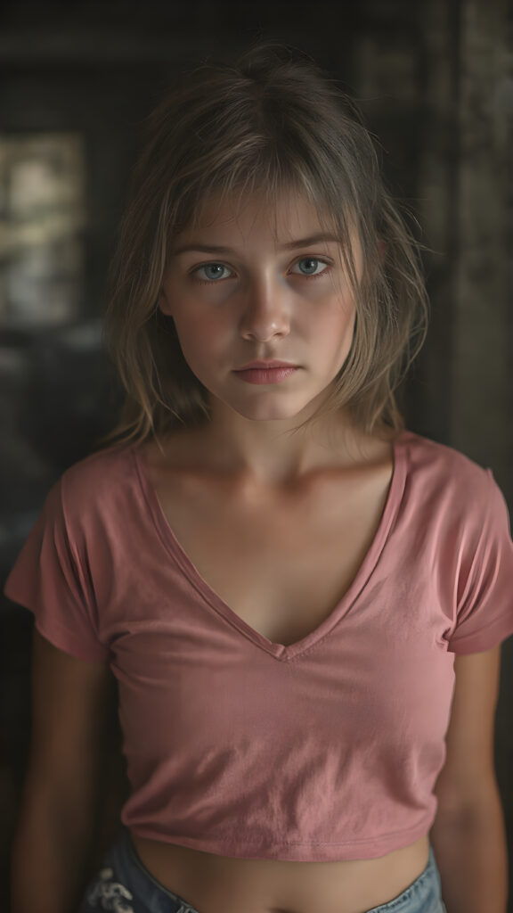 A (((full body view))) of a (((petite teen girl))), with a (((thin, yet shapely figure))), dressed in a ((short, tight, thin, V-neck cotton tee)) and ((tattered shorts)), standing in a (dimly lit space) where her seductive gaze meets the viewer's eye, exuding a sense of (extreme realism). Her focus on the viewer's face captures the essence of a perfect female body, with intricate details that make her look truly breathtaking