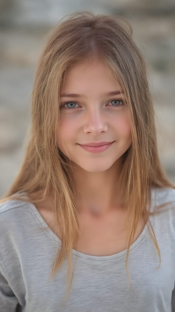 A (((full-body photograph))), with a slightly turned head, capturing a young girl with long, straight red soft hair and (almond skin) that exudes a (natural, almost translucent quality). She wears a light grey shirt, her lips are a (bright, furtive smile) that complements her face, which has a (tanned, almost white hue) that gives off an (extremely detailed, hyper-realistic glow). She wears a (soft, light-colored, airy, thin silk gown) that emphasizes her (extremely slim, hourglass figure). The picture is taken outdoors at a (very high resolution, 8K) level of detail and color quality that suggests (extreme clarity and extreme detail of the skin and its textures)