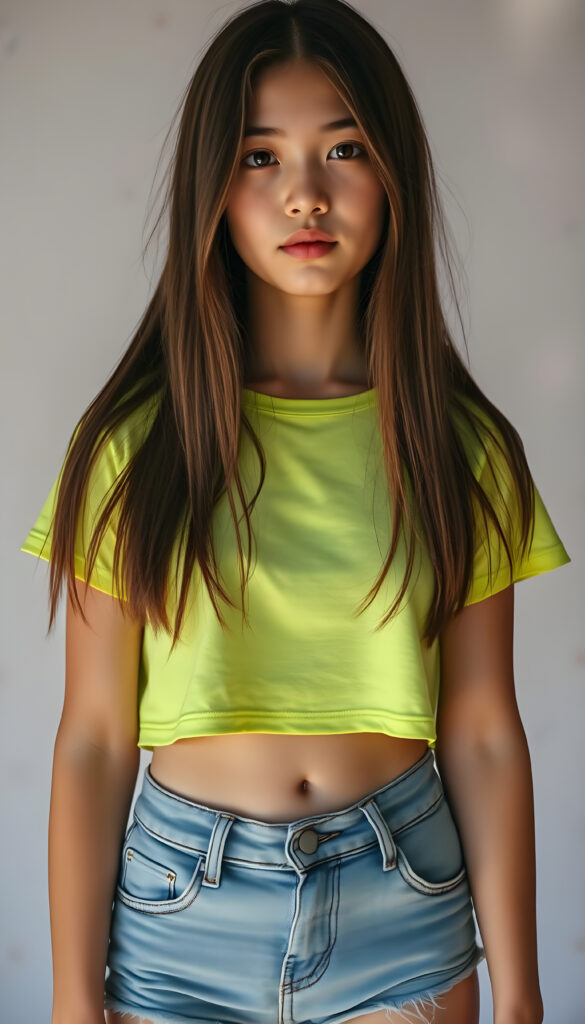 A full-body shot of an adult teen girl with long, jet straight brown hair cascading down her shoulders. She wears a stylish, neon-green cropped T-shirt paired with denim shorts that reach her knees. Her flawless, porcelain skin is illuminated by a soft, natural light, casting gentle shadows and highlighting her youthful radiance. The background is a stark white, adorned with subtle, abstract patterns in pastel hues, adding a touch of whimsy. The scene is vibrant, with a subtle bokeh effect enhancing the depth and focus on the subject, creating a dreamy, ethereal atmosphere, you can see her belly button