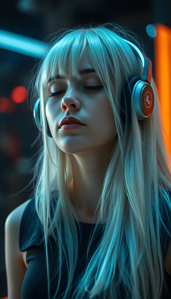 A futuristic techno girl wears headphones. Her eyes are closed and she is listening to music. Peaceful face. Long, white hair falls over her upper body and is the same length on the right and left.