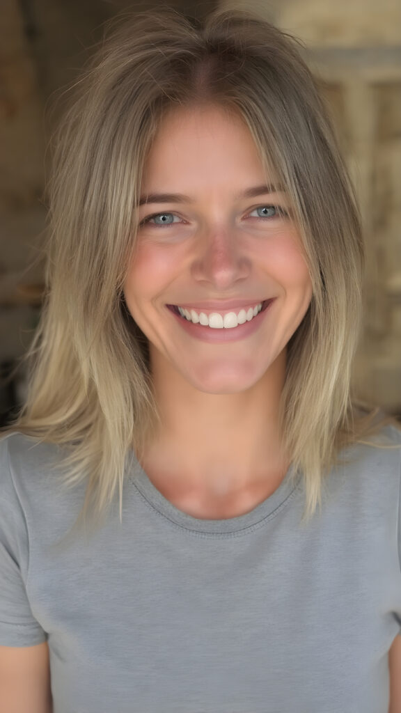 A grown-up girl enjoys her carefree life. She smiles and has beautiful, soft straight hair that falls over her beautifully shaped body. The picture makes you happy, she wears a thin grey t-shirt, withe teeth