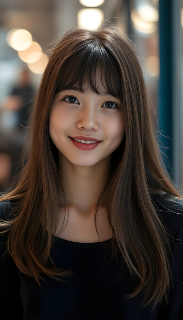 A happy young attractive teen girl wearing a black top with a low neckline, flawless skin, full kissable lips, deep blue eyes, and flowing fine brown hair same length and Korean styled bangs.