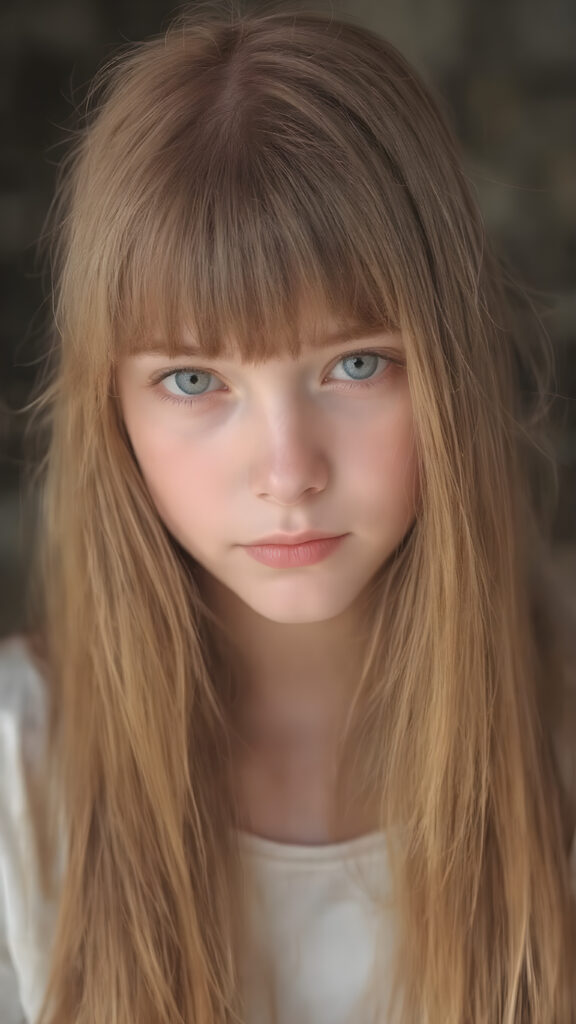 A (((highly detailed and realistic full-body photograph))), featuring a (((beautiful young girl))) with ((extremely long, thick, soft straight hair)) that flows down (soft and gentle) and perfectly natural (pale skin) that complements her flawless complexion, against a backdrop of natural light, with her ((natural ginger red hair)) artfully styled in a loose bangs frame her face beautifully, looks direct in your eyes